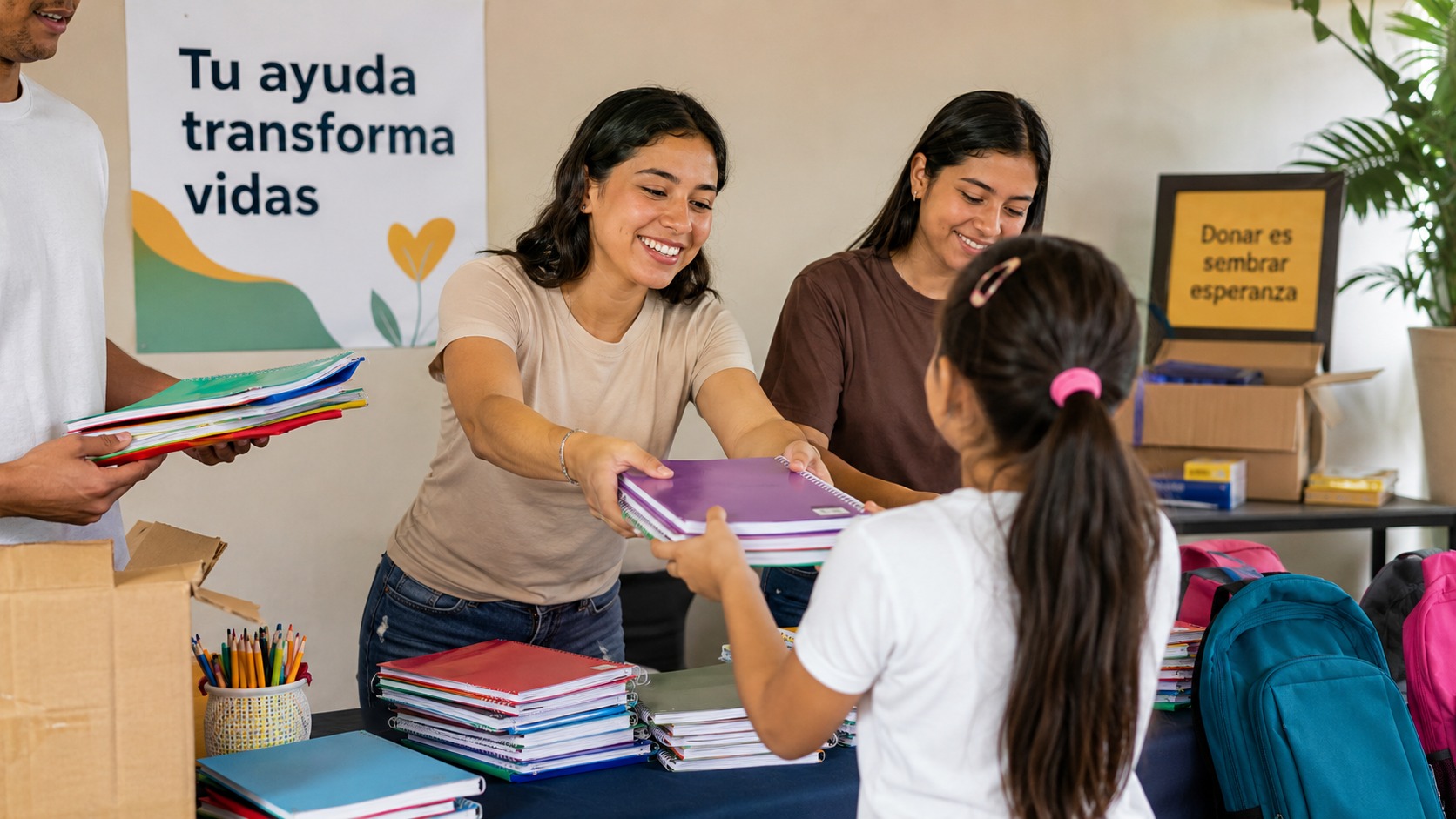 Entrega solidaria de útiles escolares sin mostrar rostros de menores